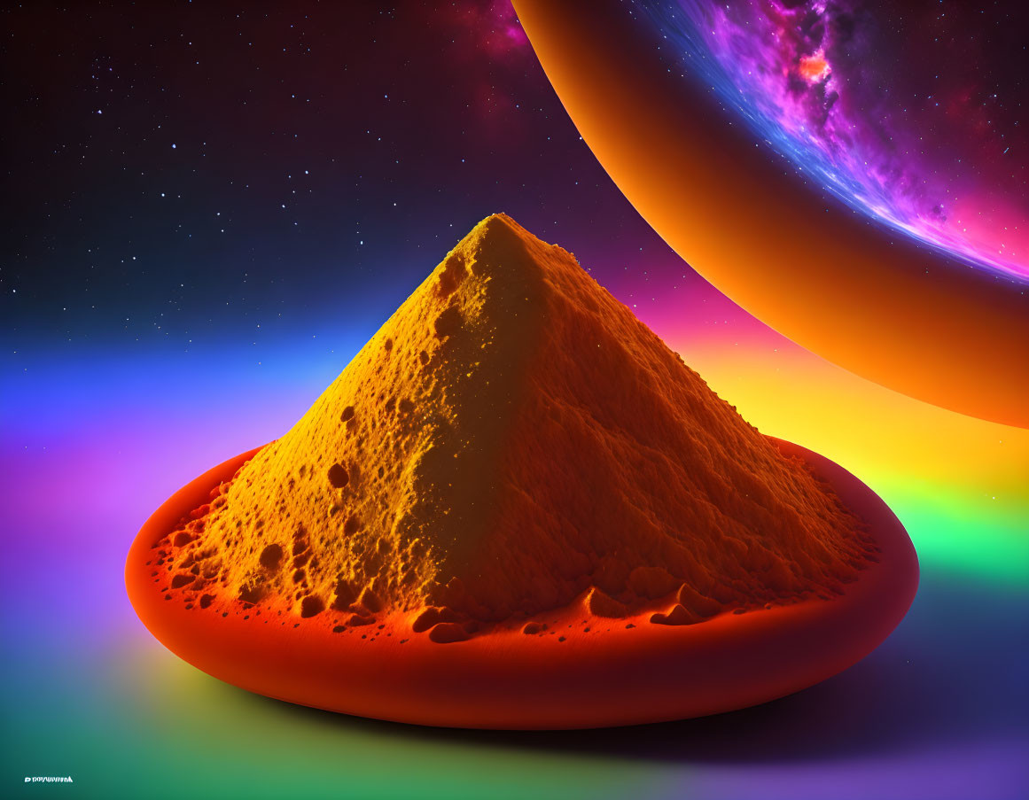 Vibrant surreal illustration of orange mound on red surface with cosmic backdrop