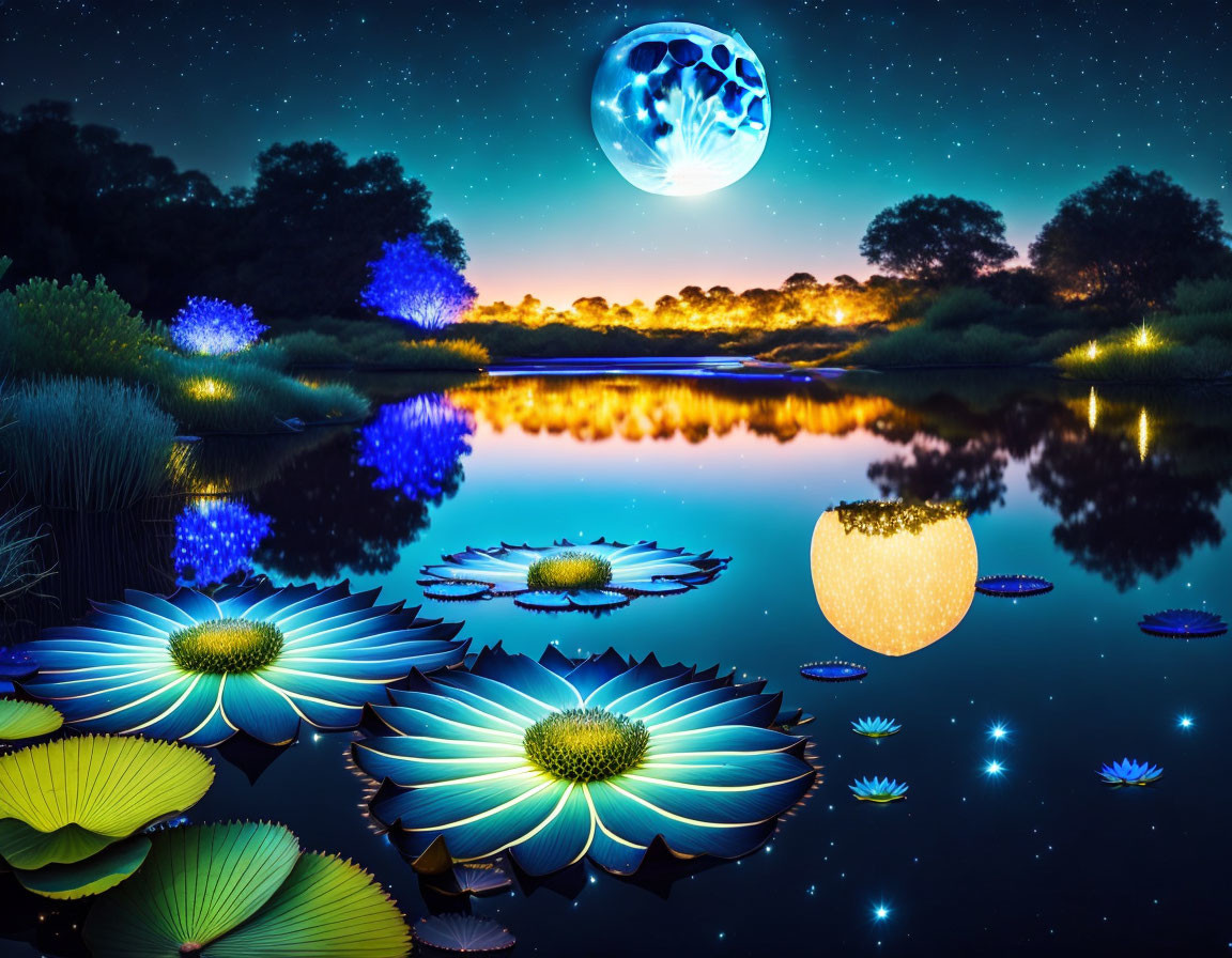 Fantasy nightscape with glowing lotus flowers, luminous plants, and radiant moon.