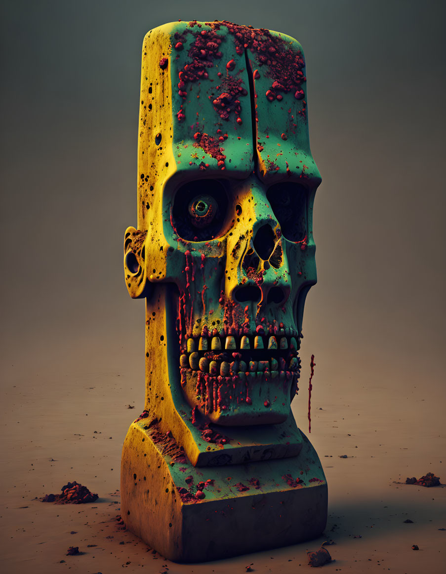 Surreal skull with weathered texture and vivid green eye in modern art style