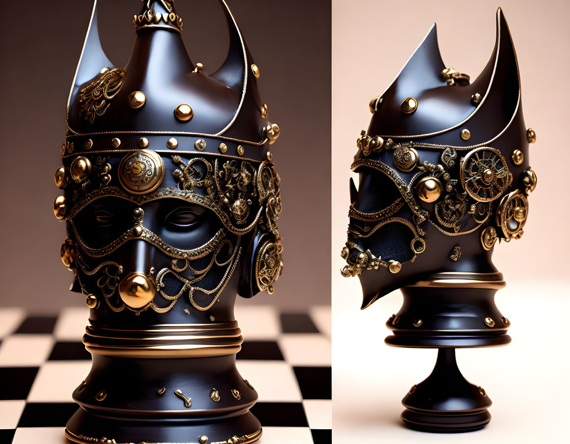 Ornate black and gold chess knight helmet on chessboard-patterned surface