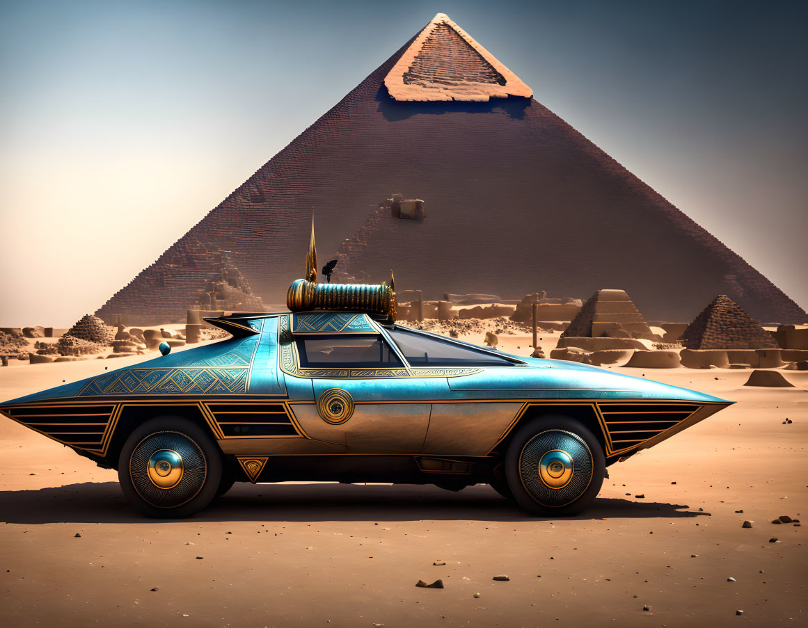 Golden futuristic car with hieroglyphic patterns at pyramid in hazy sky