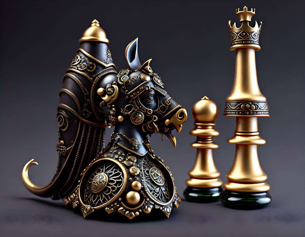 Intricately designed 3D chess set with knight, king, bishop, and pawn on