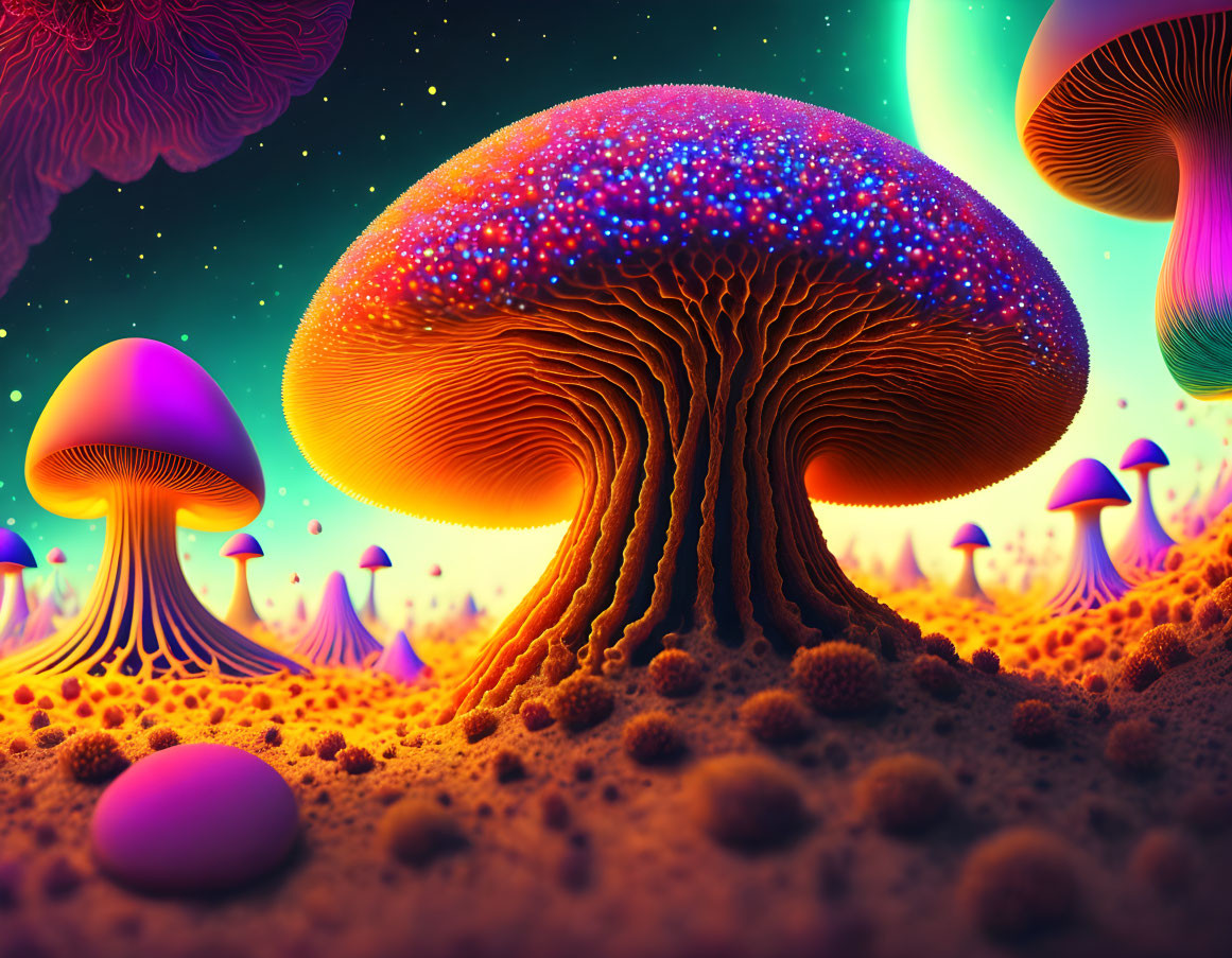 Fantasy landscape with colorful bioluminescent mushrooms at dusk