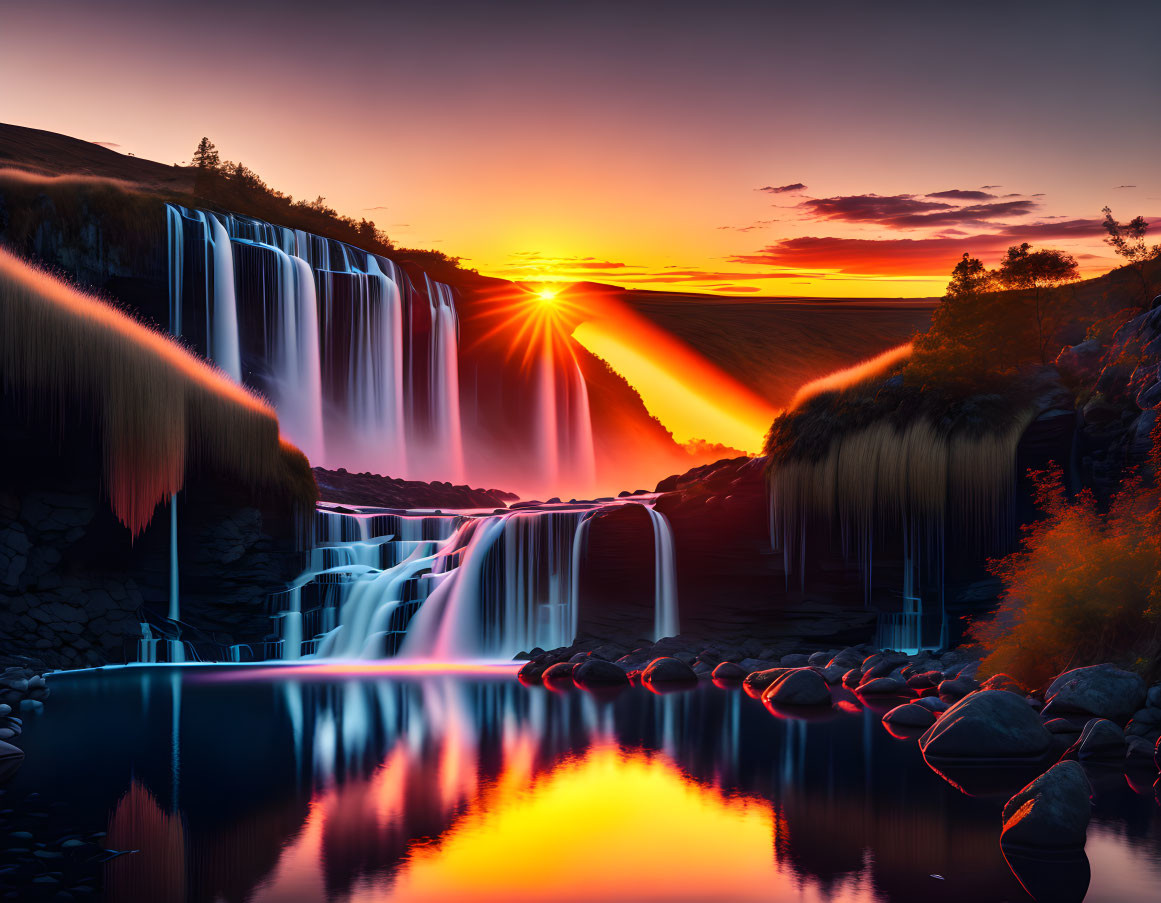 Scenic sunset with sunburst over multi-tiered waterfall and tranquil river