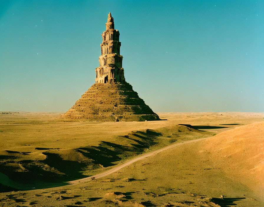 Towering ancient minaret in vast desert landscape