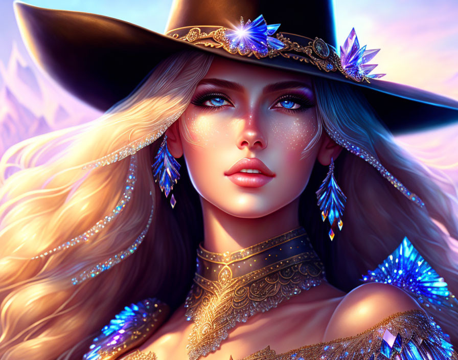 Fantastical digital artwork of blonde woman with embellished crystal hat.