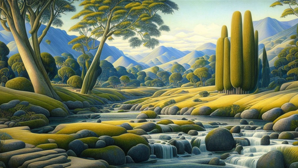 Tranquil landscape with moss-covered hills, stream, trees, and distant mountains