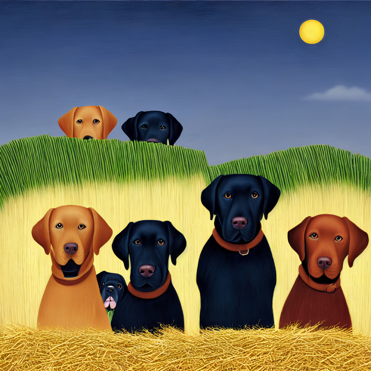 Six dogs peeking through fence with blue sky and yellow moon