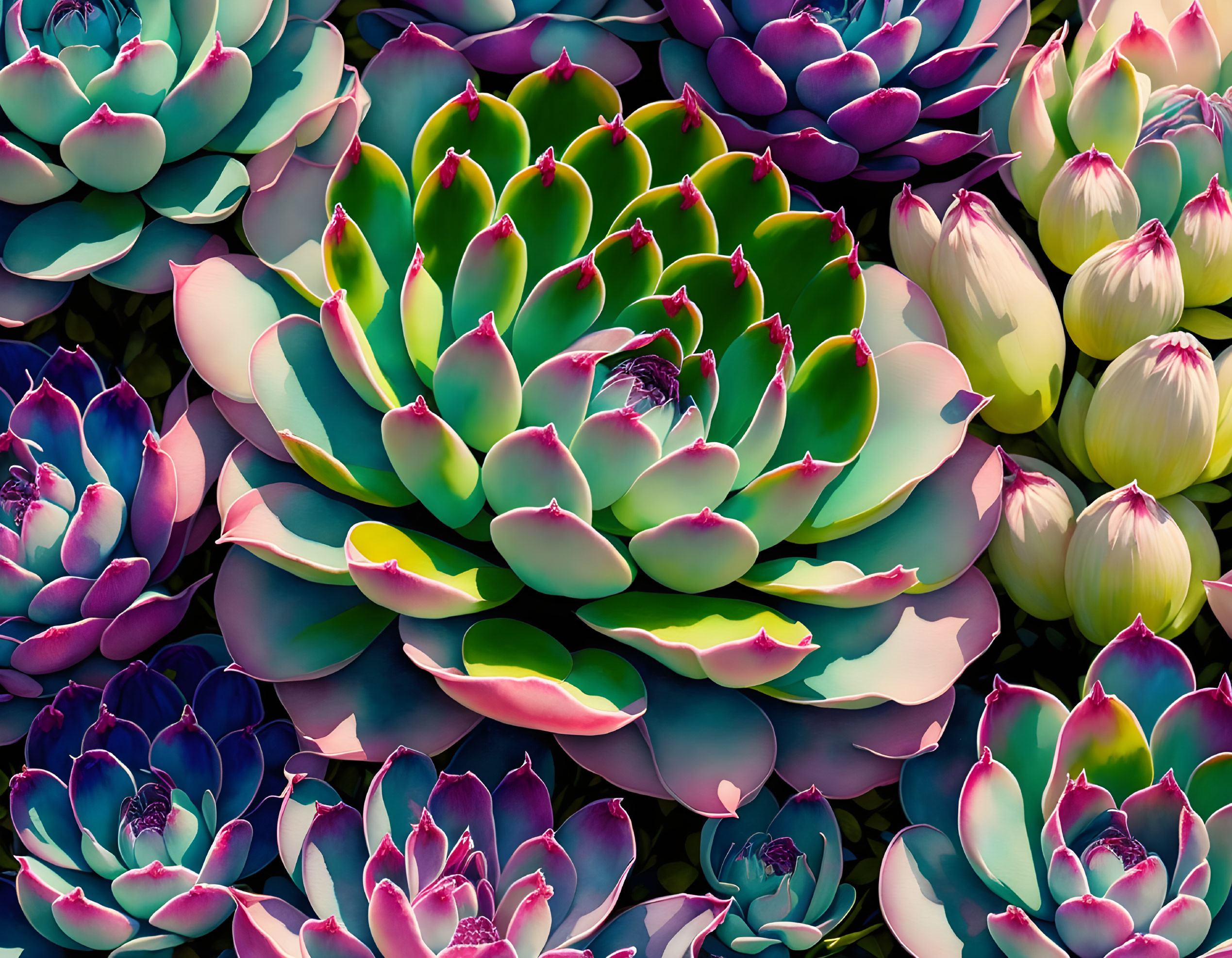 Colorful Succulent Plants Arrangement in Green, Purple, and Pink