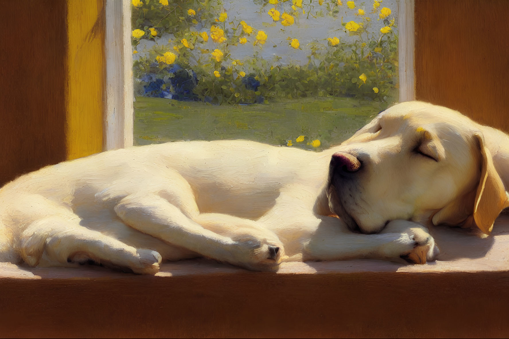 Labrador Retriever Sleeping by Sunlit Window with Yellow Flowers View