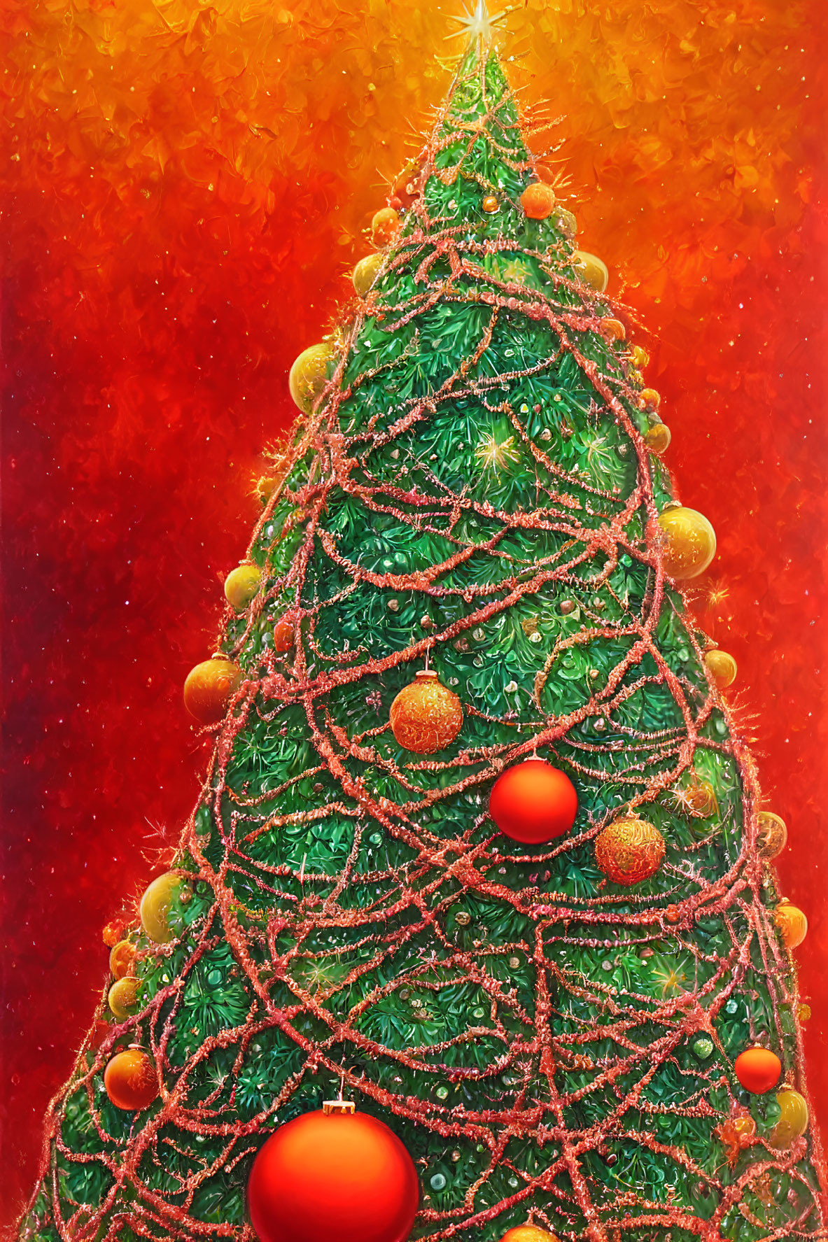 Colorful Christmas tree illustration with red garlands and golden balls on warm background