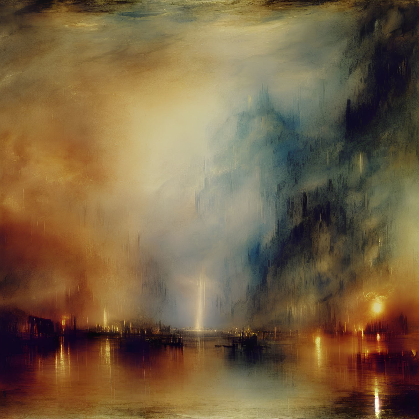 Impressionistic cityscape with warm golden and cool blue tones reflected over water