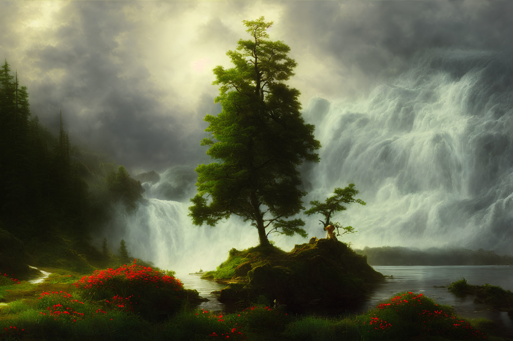 Majestic waterfall and solitary tree in ethereal landscape