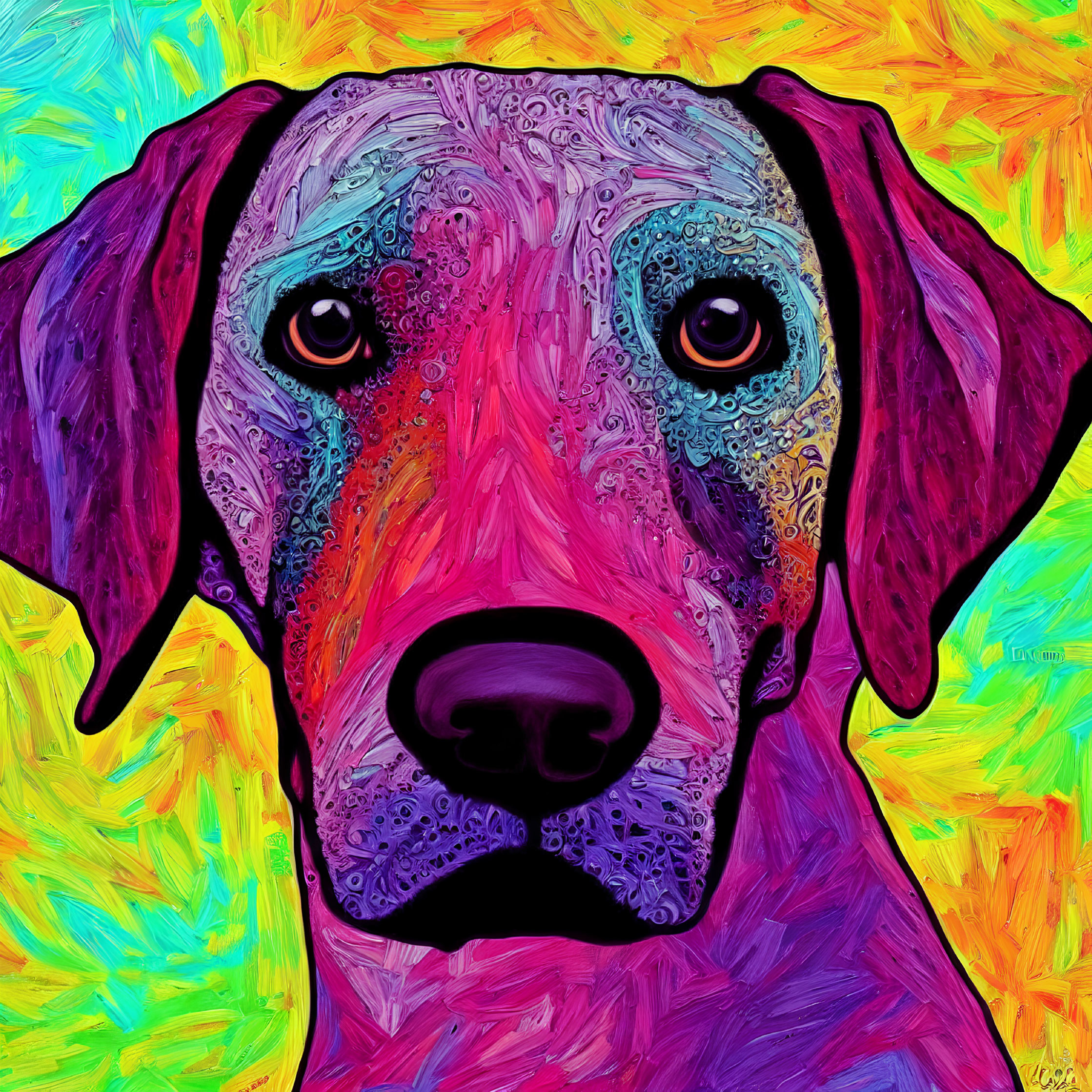 Colorful Dog Portrait with Bright Hues on Yellow Background