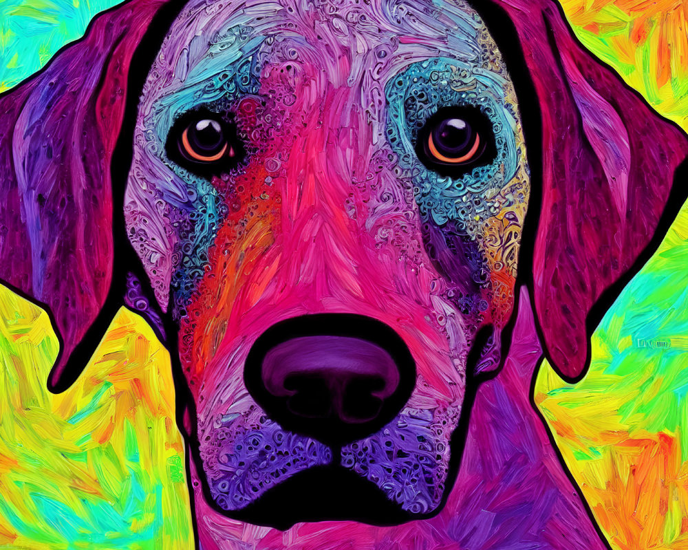 Colorful Dog Portrait with Bright Hues on Yellow Background