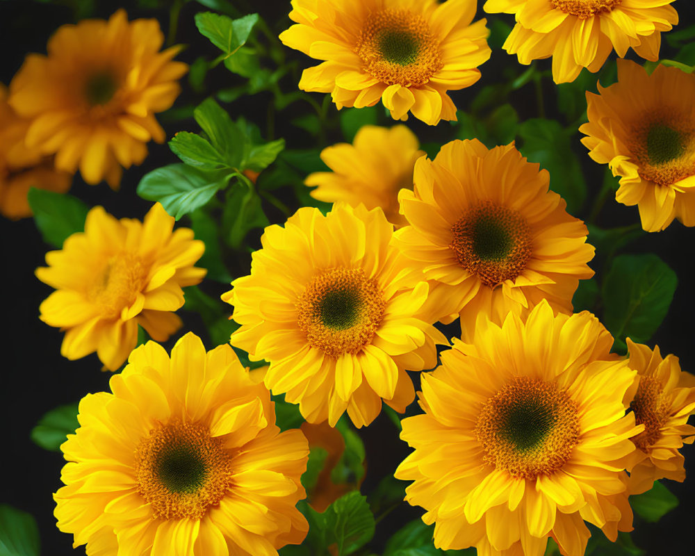 Bright Yellow Sunflowers Against Dark Background: Lively Floral Display