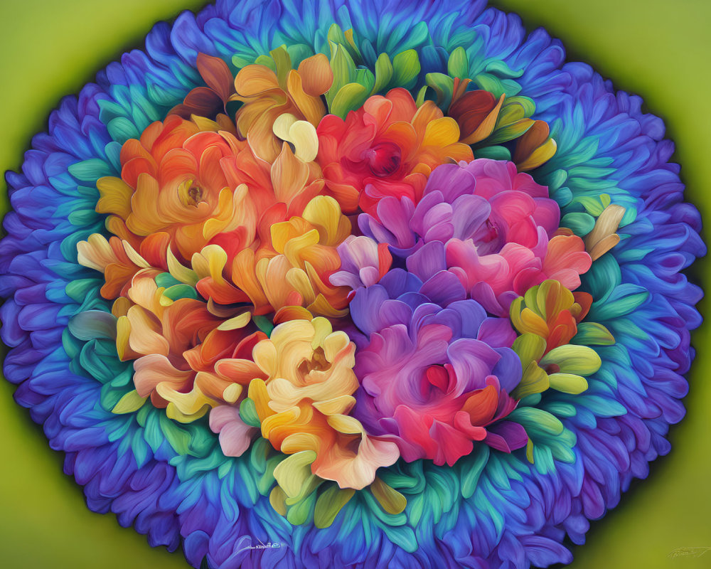 Colorful 3D floral arrangement in blue, orange, pink, and green