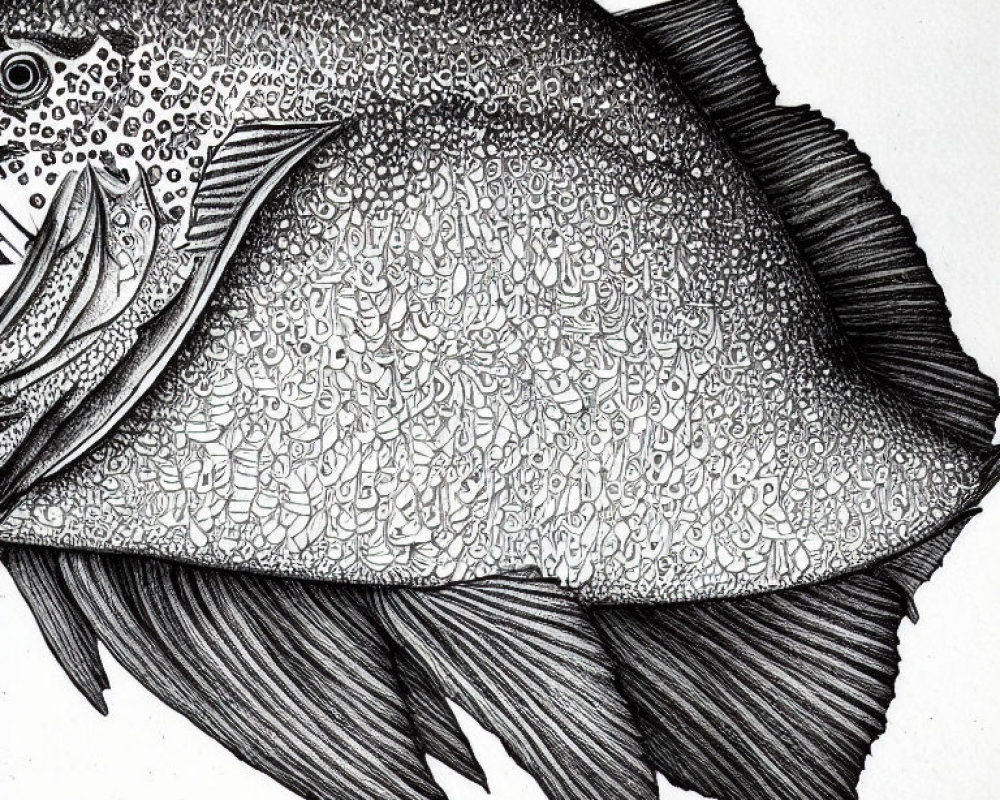 Detailed Black and White Ink Drawing of Intricately Patterned Fish