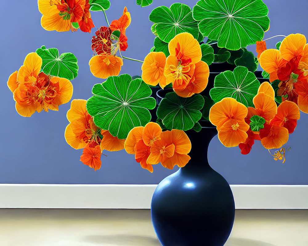 Orange Flowers Bouquet in Blue Vase on Blue Wall