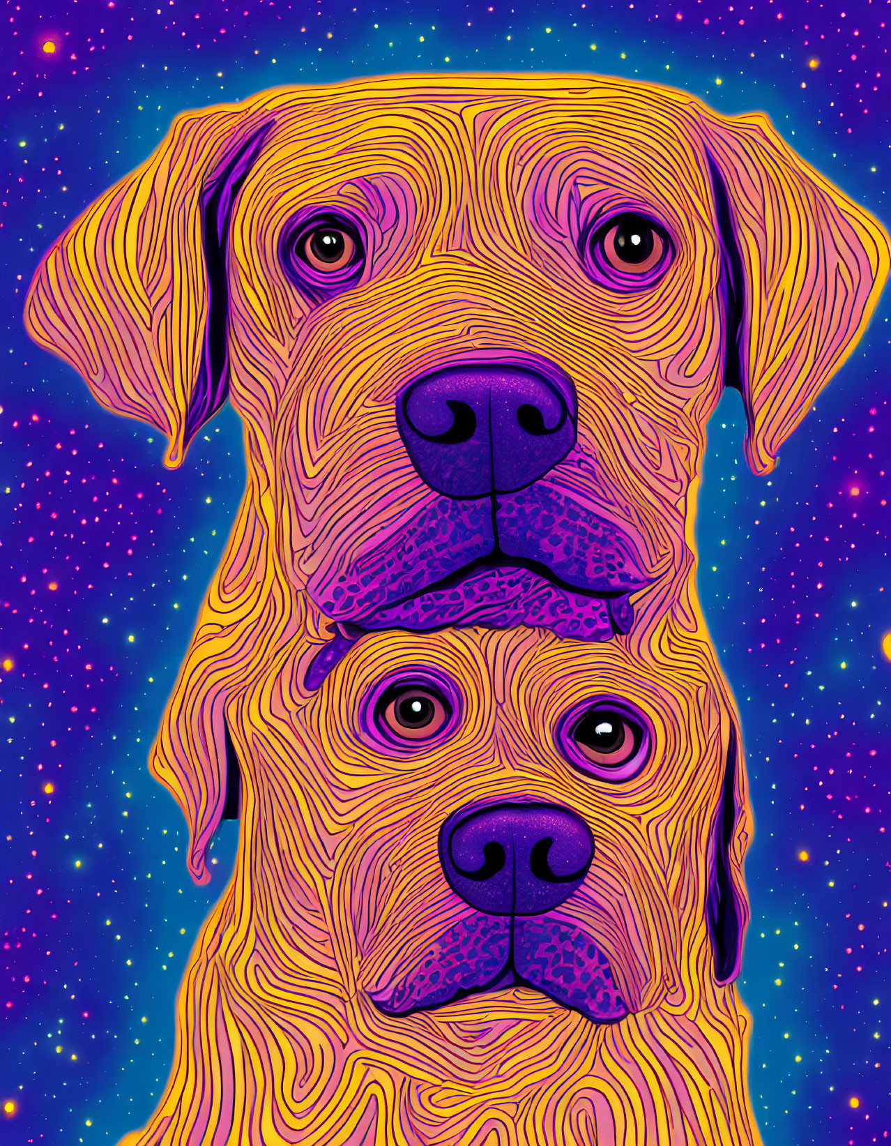 Vibrant dual dogs illustration on starry background