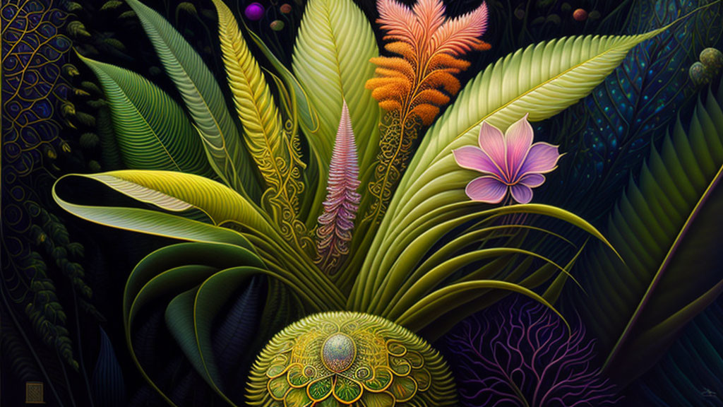 Detailed illustration of exotic stylized flora in rich colors and intricate patterns.