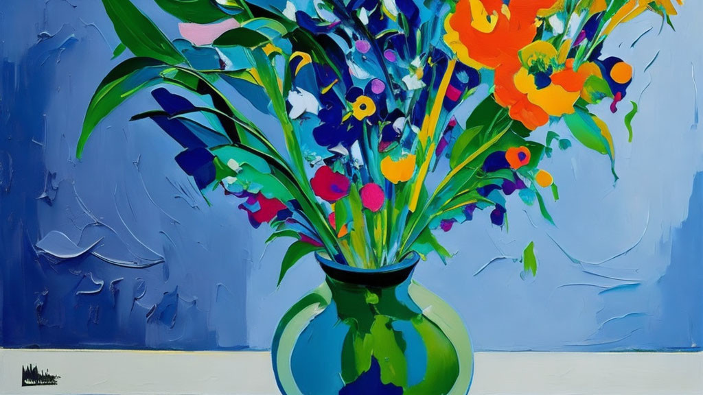 Colorful Flower Bouquet Painting on Blue Background