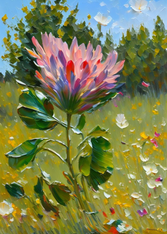 Colorful painting of large pink flower in meadow with butterflies