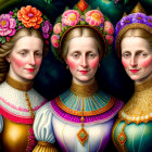 Three Women in Traditional Attire with Floral Headpieces Standing Against Floral Backdrop