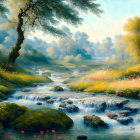 Tranquil landscape with moss-covered hills, stream, trees, and distant mountains