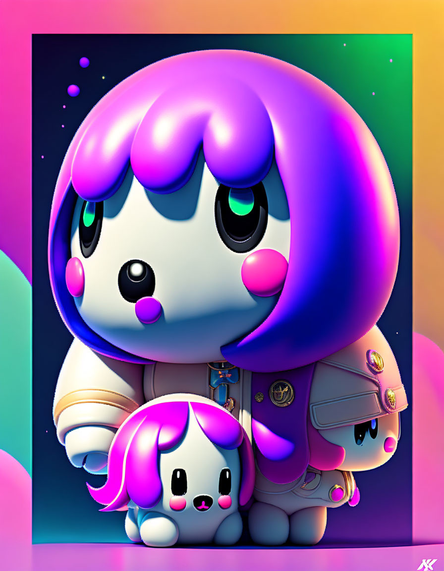 Colorful illustration of two stylized characters with glossy purple and white features under soft glow