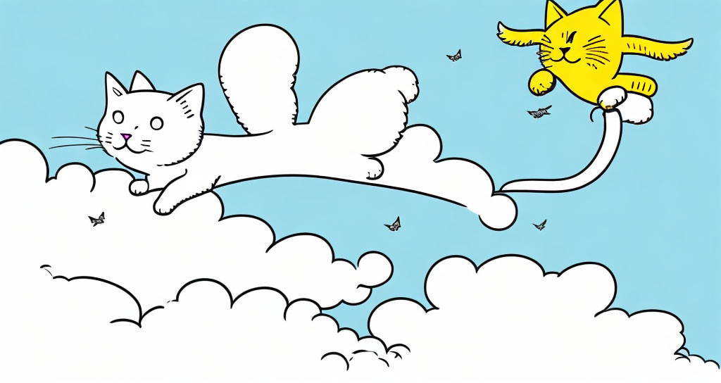 Cartoon cats playing in the clouds with butterflies