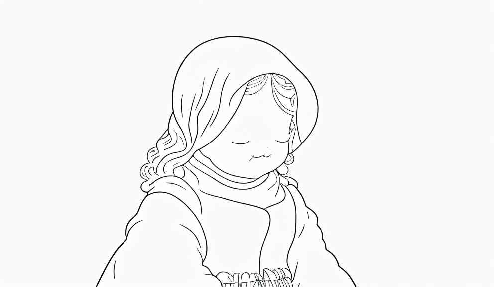 Detailed line drawing of young girl with wavy hair and hood, looking down serenely