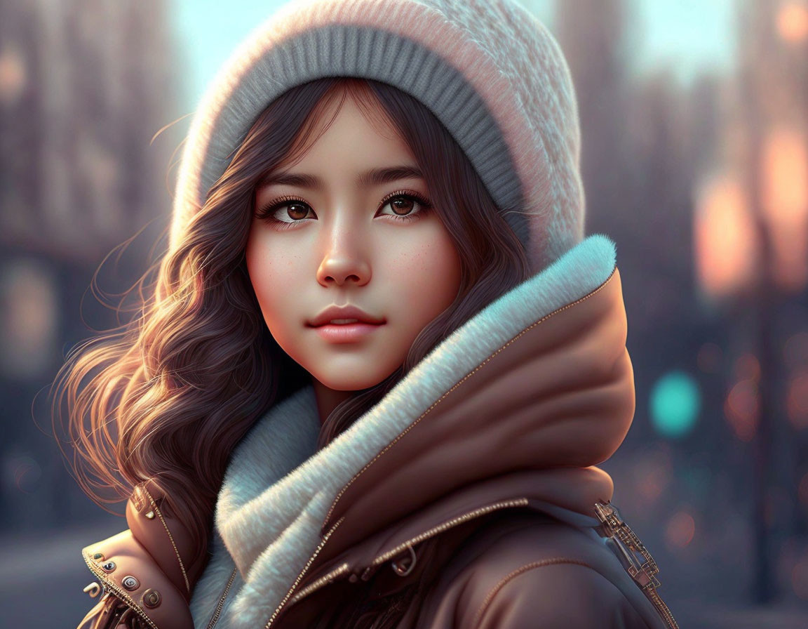 Young woman digital artwork with large expressive eyes, winter hat, cozy jacket, blurred autumnal background