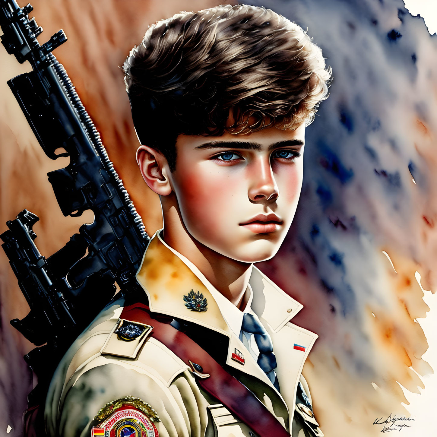 Young Boy in Scout Uniform with Rifle and Abstract Background Portrait