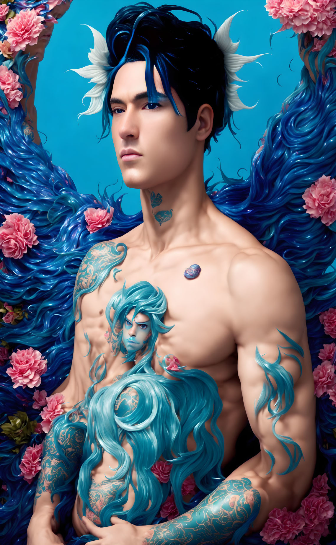 Blue-Haired Shirtless Man with Tattoos Surrounded by Flowers and Water