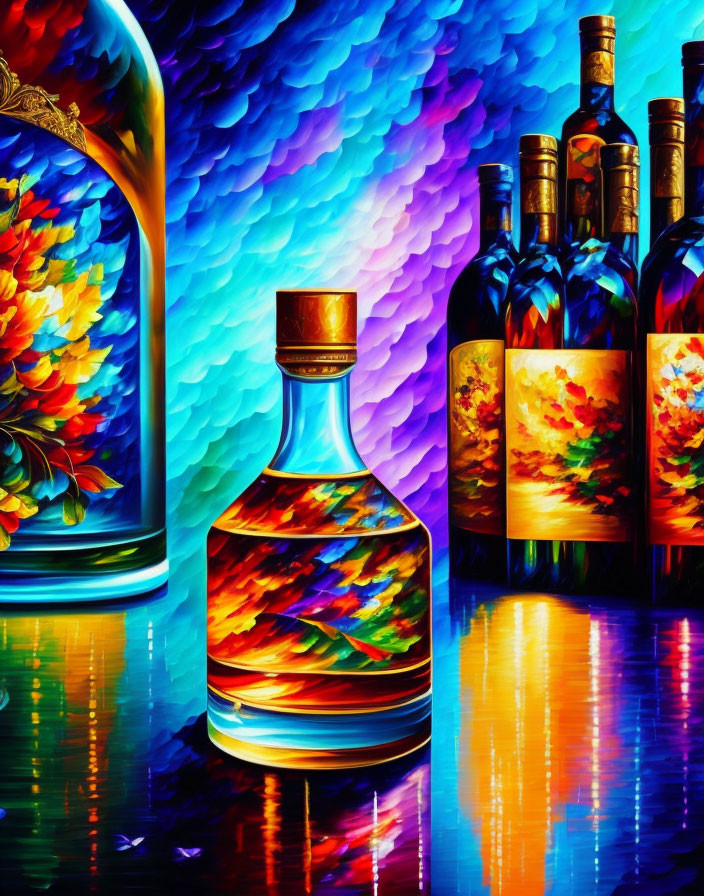 Vibrant painted landscape label on colorful bottle against patterned backdrop