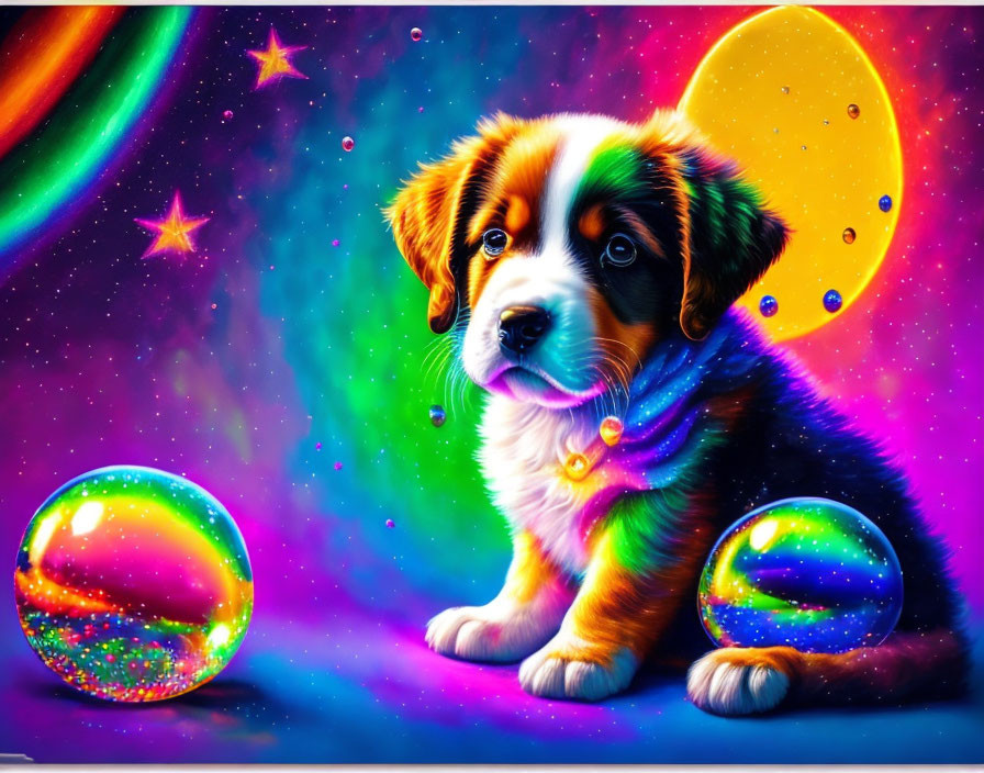 Colorful Puppy Illustration with Space-themed Background