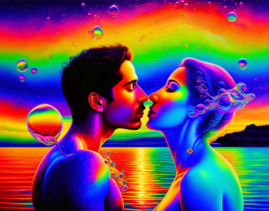 Vivid colorful embrace with psychedelic hues and floating bubbles at sunset