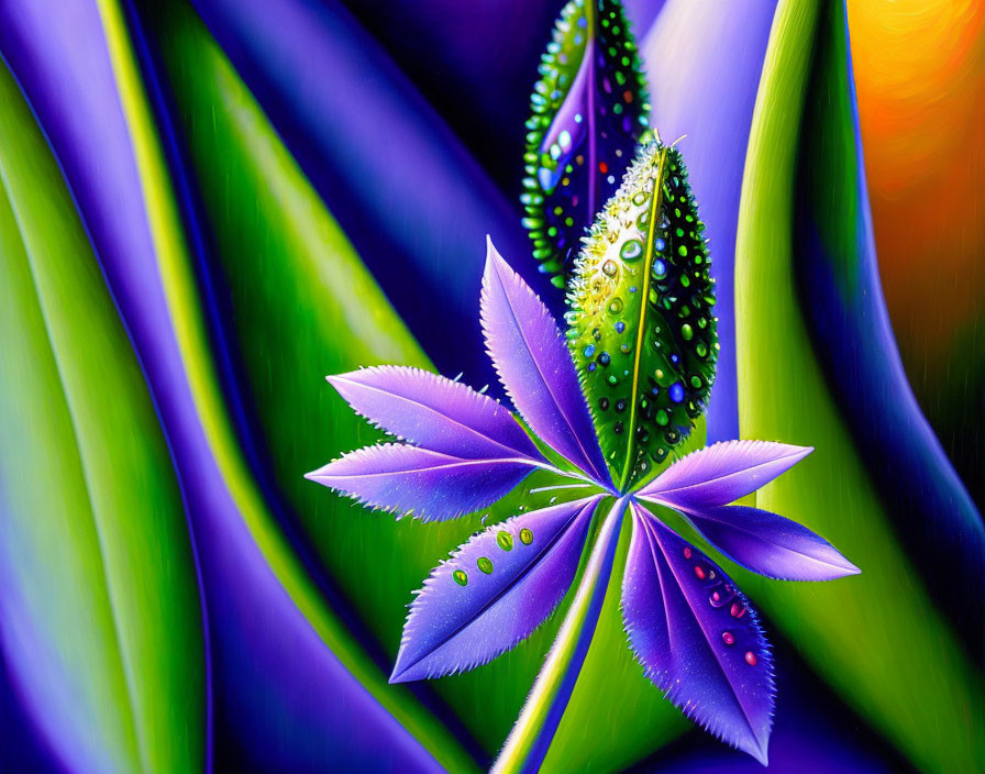 Colorful Digital Artwork: Purple and Blue Leaf with Dewdrops on Green and Orange Background