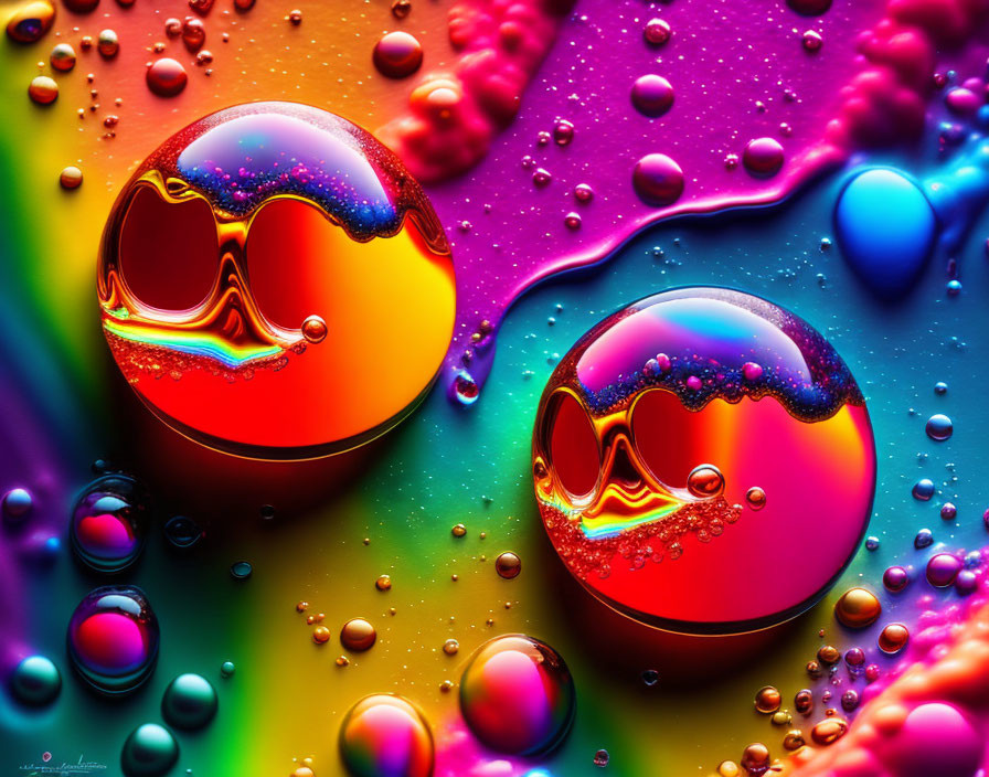 Colorful abstract spheres with reflections and water droplets on rainbow gradient surface