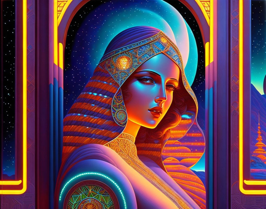 Colorful digital artwork of stylized woman with headdress in futuristic doorway.