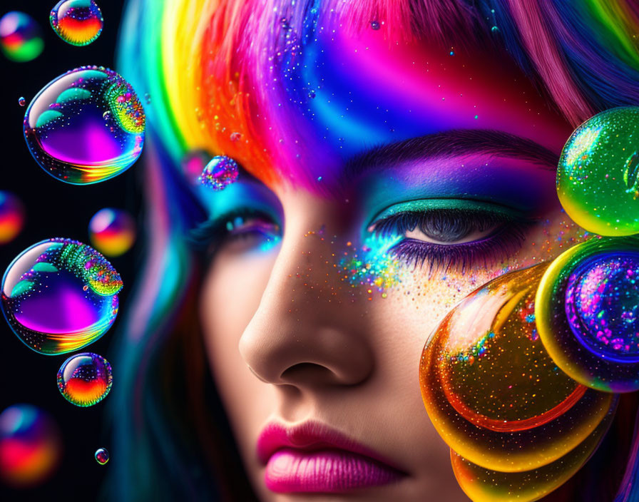 Vibrant rainbow-colored hair and makeup with colorful bubbles in close-up shot