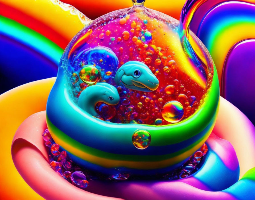 Colorful digital artwork: glass orb with bubbles on swirling shapes