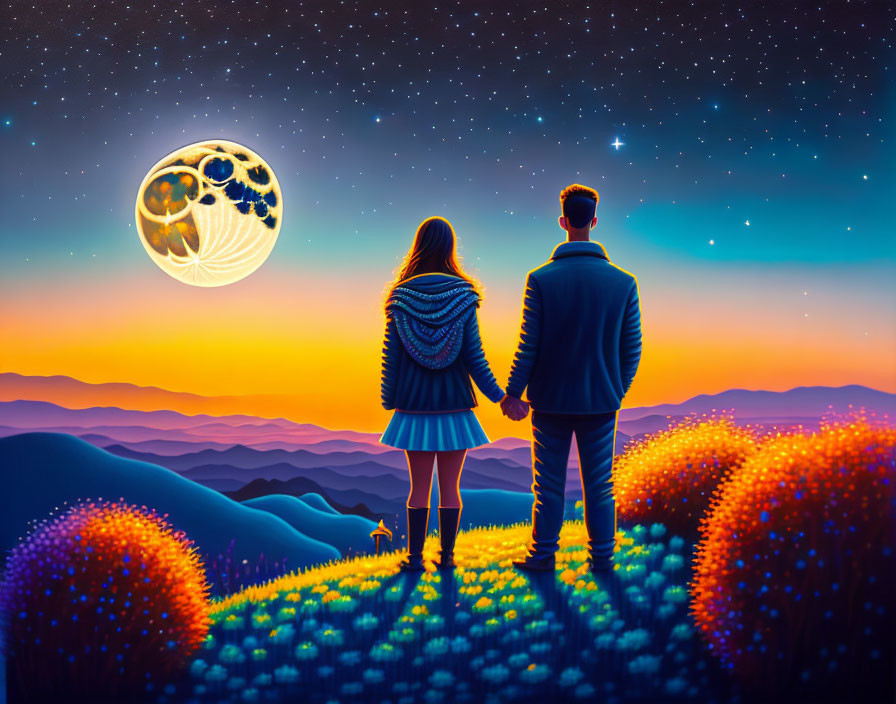 Couple admiring starry night sky over colorful hills and fantastical moon