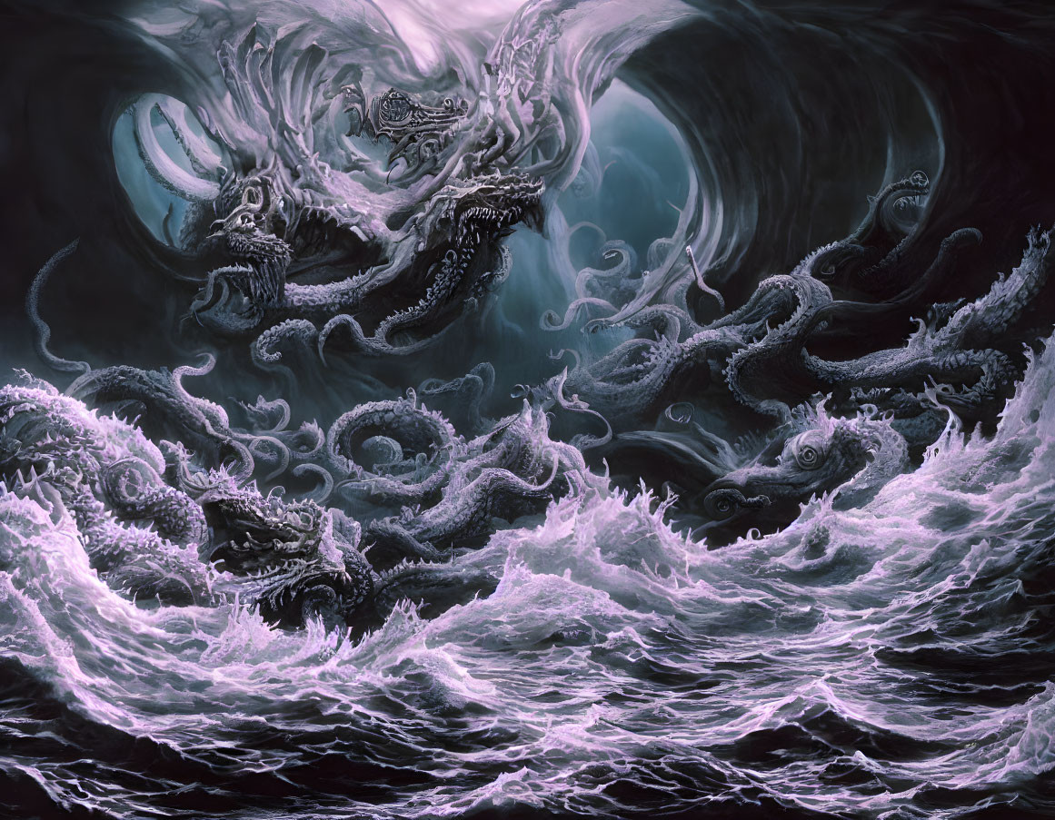 Stormy sea with multi-headed sea monster emerging from waves