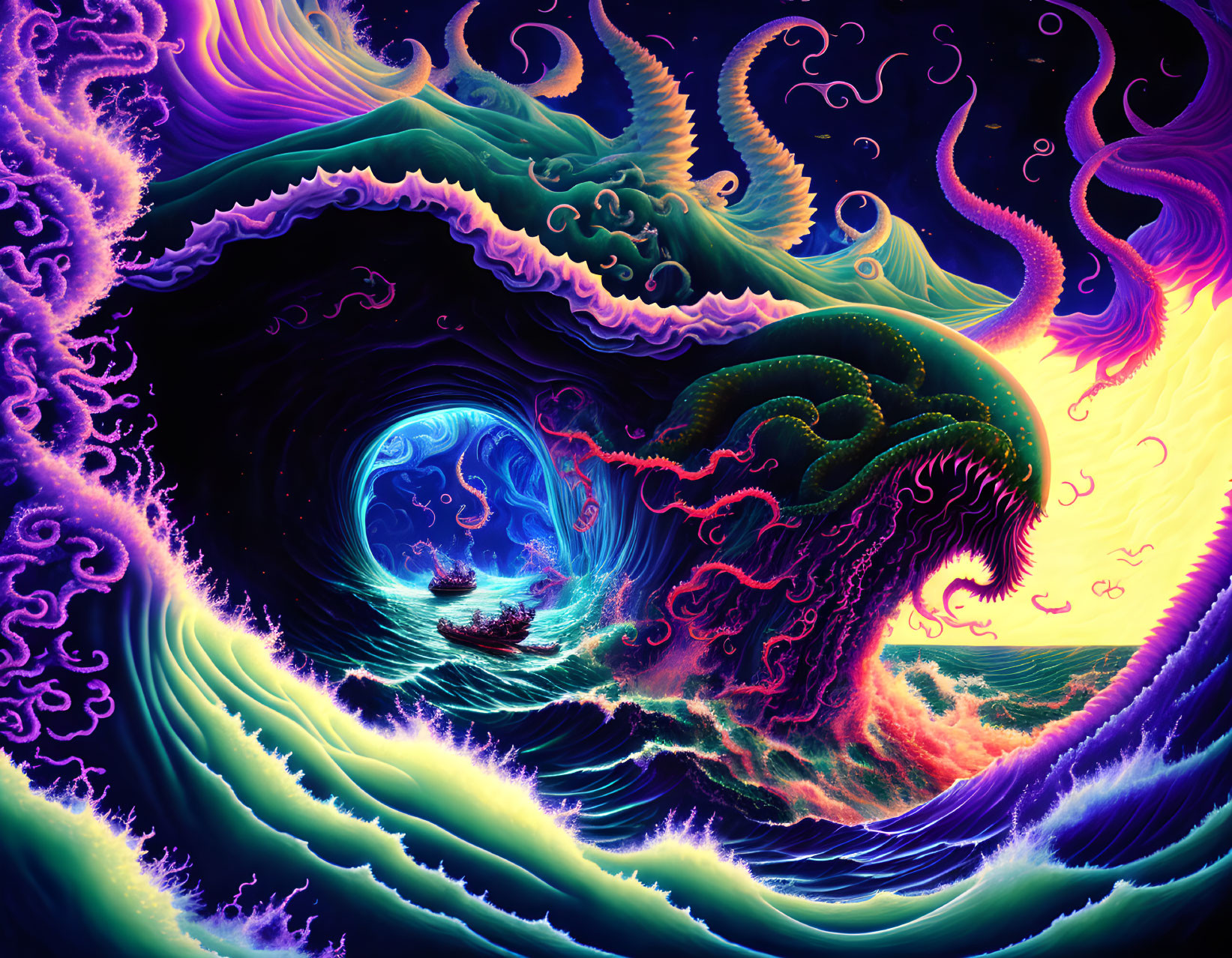 Colorful Psychedelic Boat Illustration Riding Massive Wave