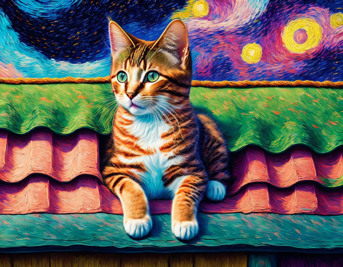 Striking green-eyed cat on textured rooftop under starry night sky