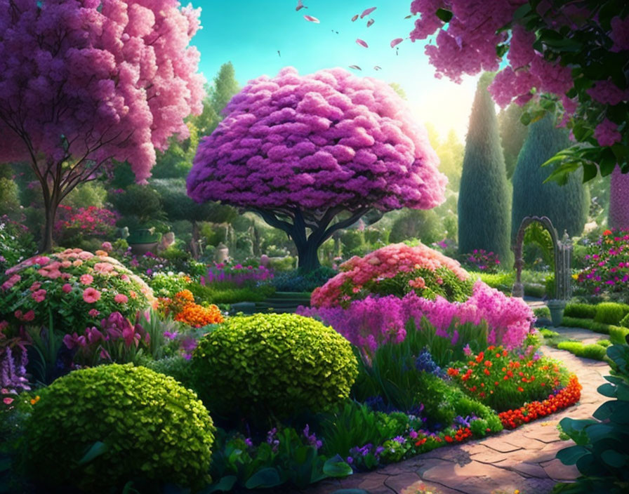 Colorful Fantasy Garden with Pink Tree & Enchanted Atmosphere