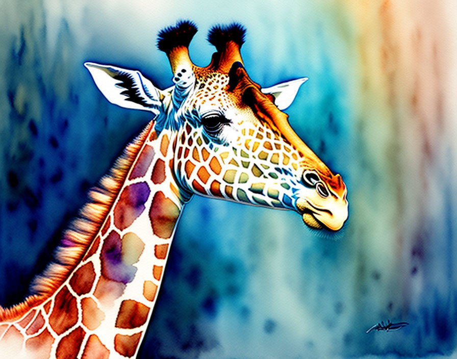 Vibrant Giraffe Head Illustration with Blue and Brown Watercolor Background