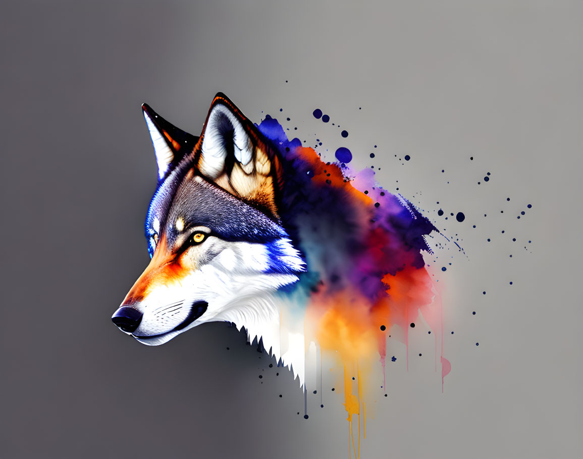 Realistic wolf graphic design with vibrant ink splashes